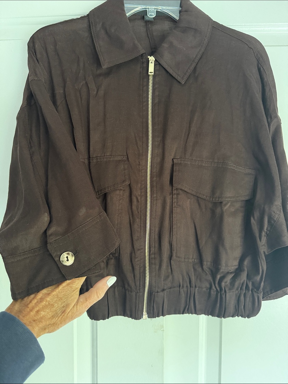 🔥 TRENDING ZARA NWOT Linen Chocolate Brown Bomber Jacket